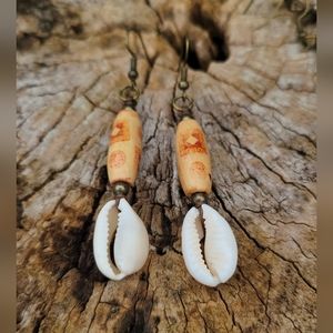 Handmade Cowrie Shell And Wood Bead Dangle Earrings